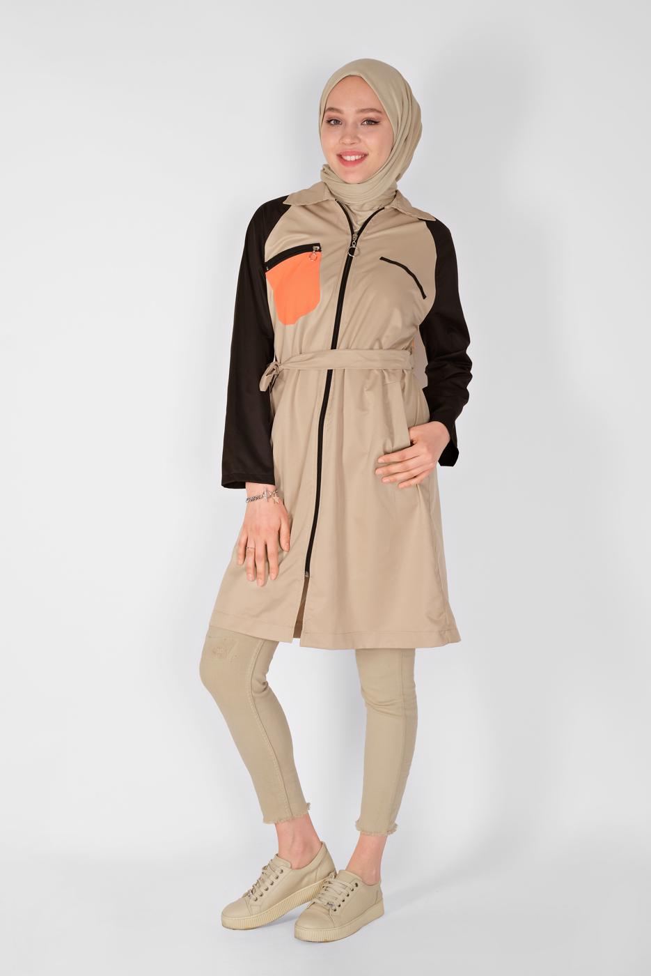 Tesettür giyim KAHVE KUŞAKLI FERMUARLI TRENÇKOT 991 