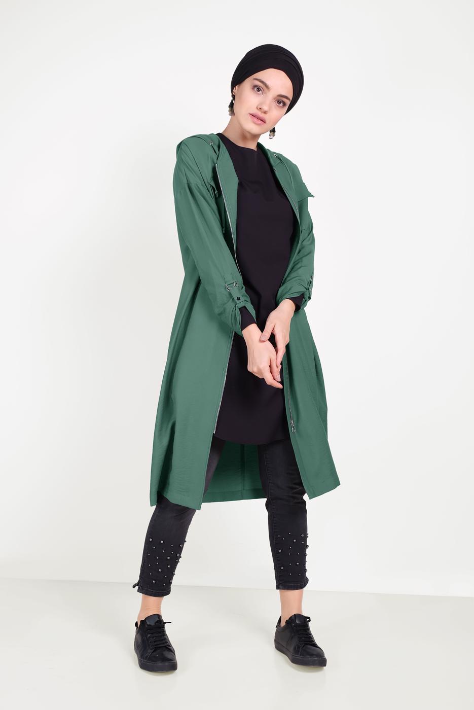 Hijab clothing GREEN ZIPPERED SPORTS TRENCH COAT 10154 