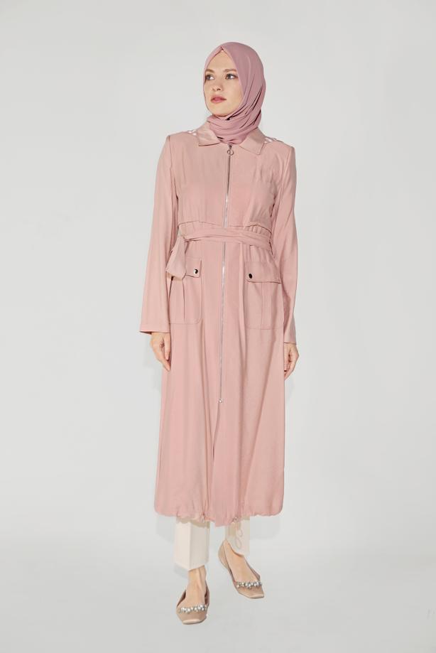 Vêtements hijab POUDRE ALVINA TRENCH-COAT CEINTURÉ À CAPUCHE T 10174 - TRENDTESETTÜR