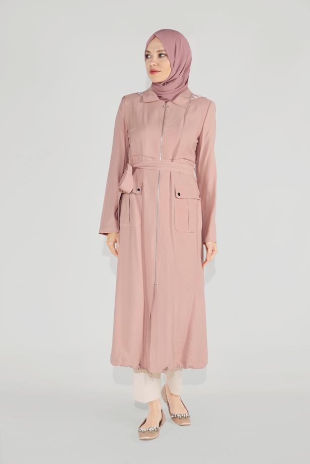 Vêtements hijab POUDRE ALVINA TRENCH-COAT CEINTURÉ À CAPUCHE T 10174 - TRENDTESETTÜR