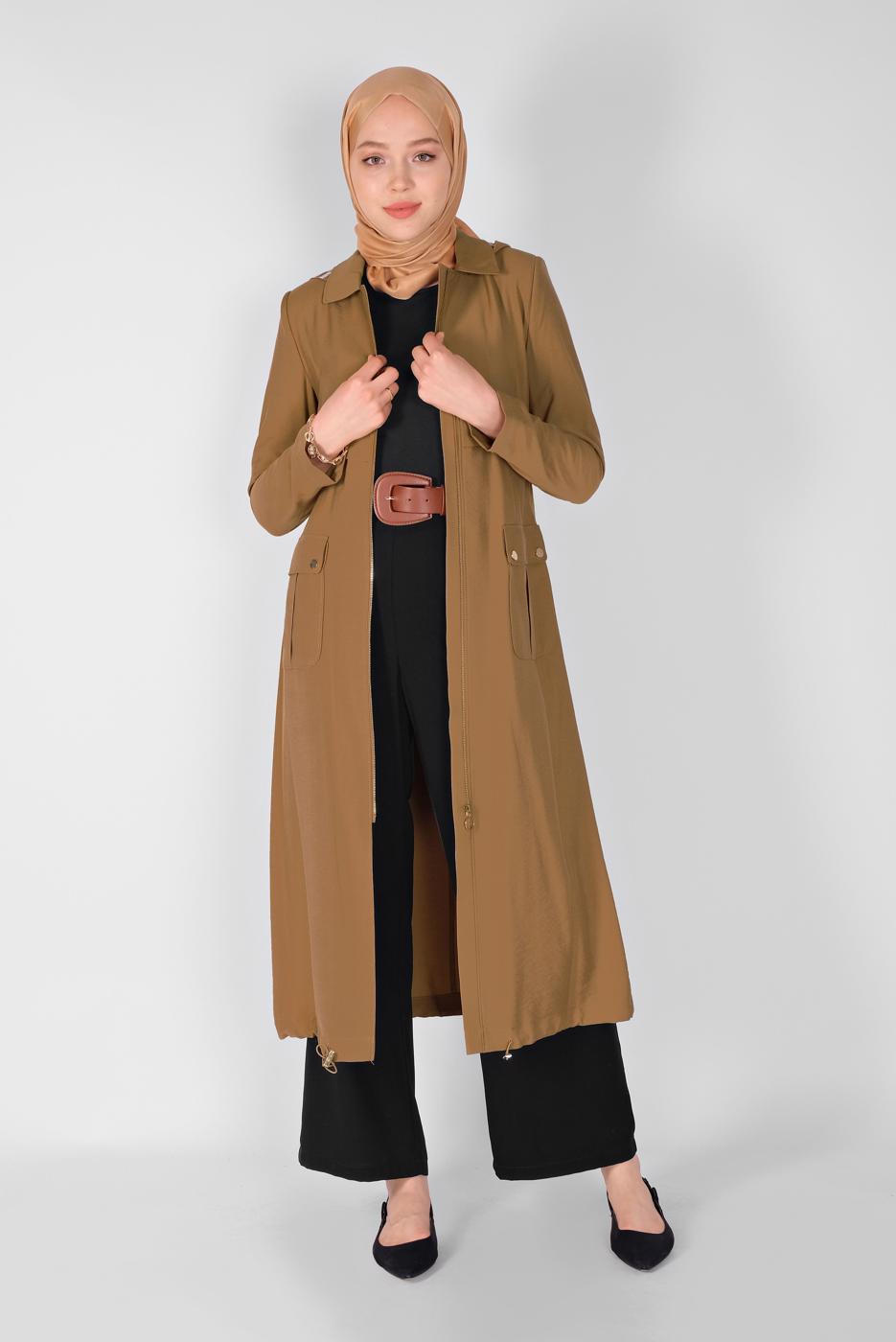 Tesettür giyim KAHVE ALVİNA KUŞAKLI KAPÜŞONLU TRENÇKOT 10174