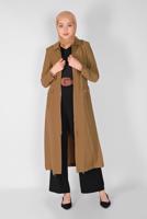 Tesettür giyim KAHVE ALVİNA KUŞAKLI KAPÜŞONLU TRENÇKOT 10174