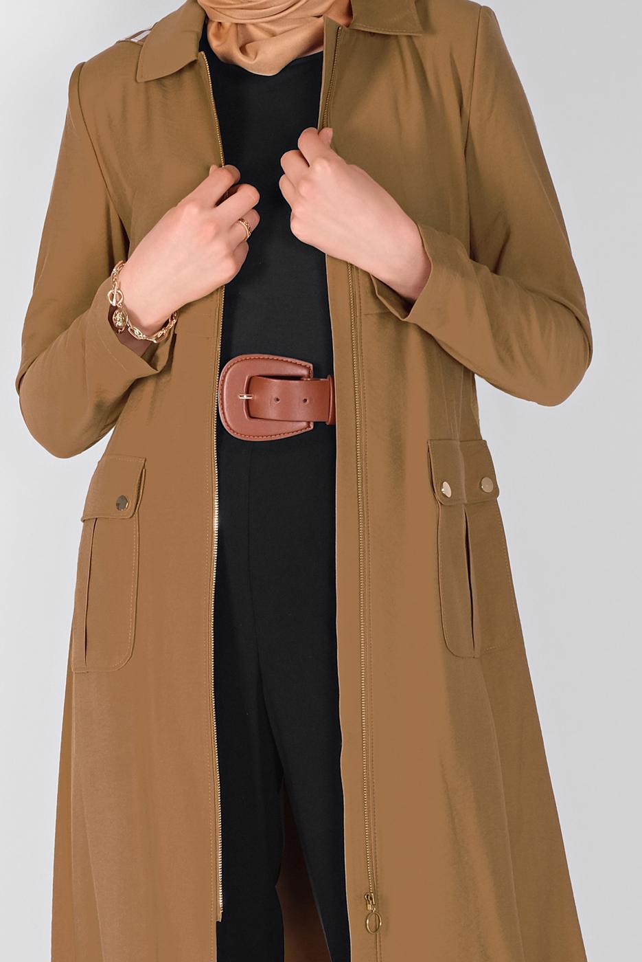Tesettür giyim KAHVE ALVİNA KUŞAKLI KAPÜŞONLU TRENÇKOT 10174