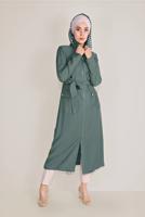 Tesettür giyim YEŞİL ALVİNA KUŞAKLI KAPÜŞONLU TRENÇKOT 10174