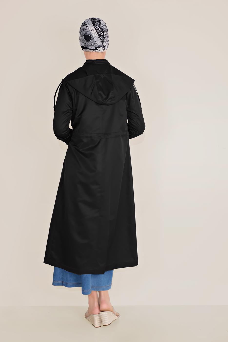 Hijab clothing BLACK TIE DETAIL HOODED TRENCH COAT 10190 