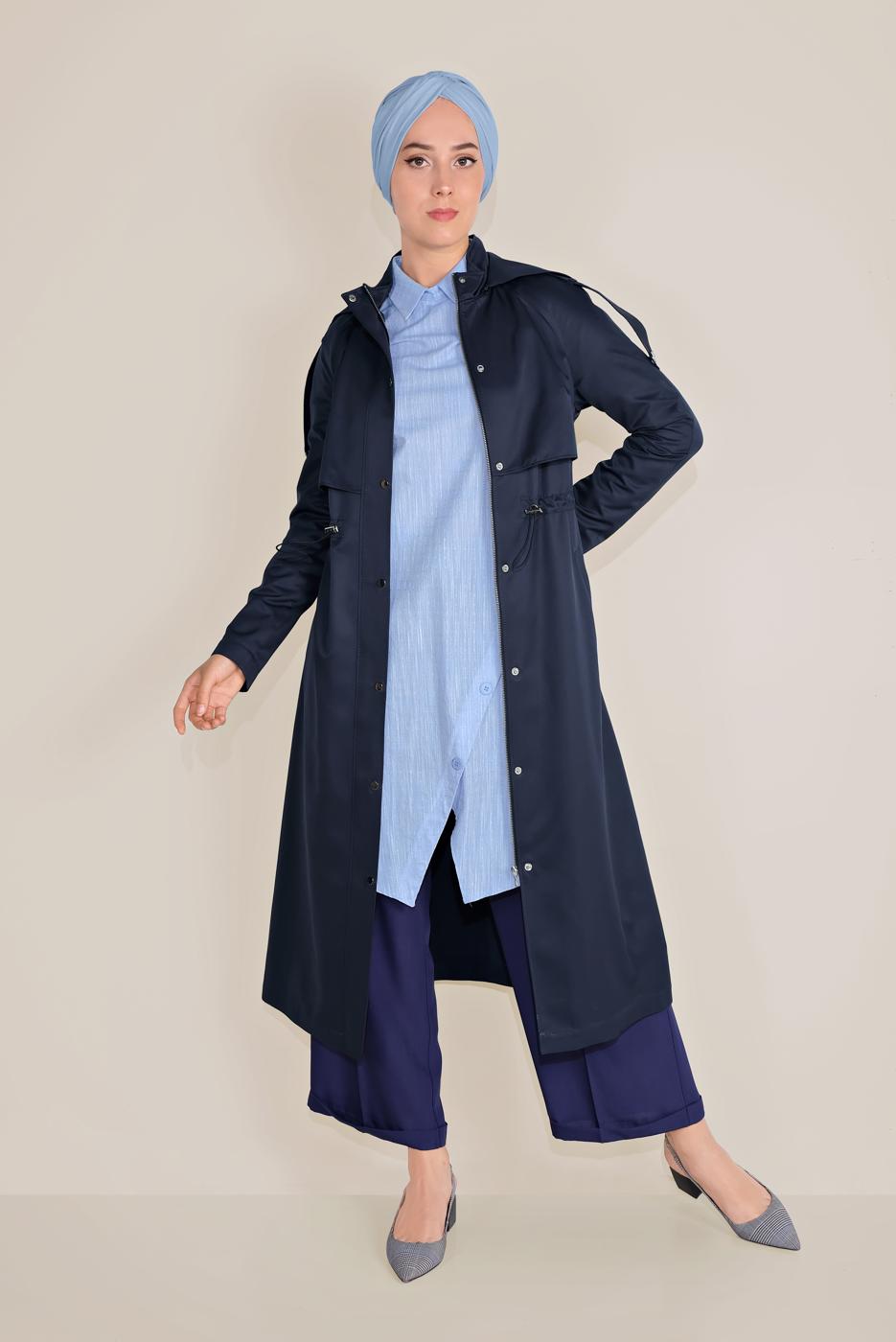 Hijab clothing NAVY BLUE TIE DETAIL HOODED TRENCH COAT 10190 