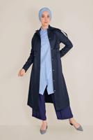 Hijab clothing NAVY BLUE TIE DETAIL HOODED TRENCH COAT 10190 