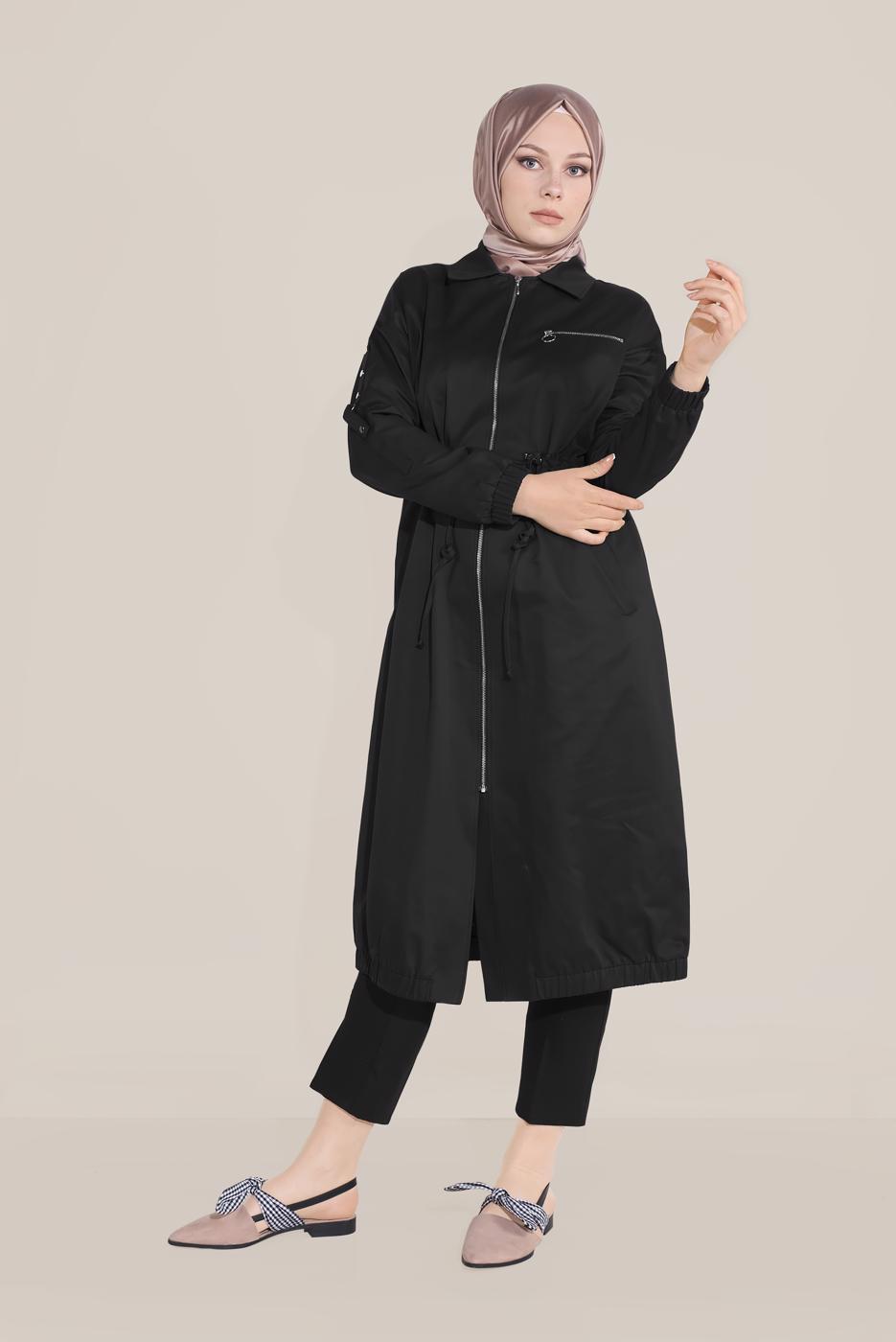 Tesettür giyim SİYAH ALVİNA BELİ BAĞCIKLI FERMUARLI TRENÇKOT 10191