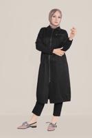 Tesettür giyim SİYAH ALVİNA BELİ BAĞCIKLI FERMUARLI TRENÇKOT 10191