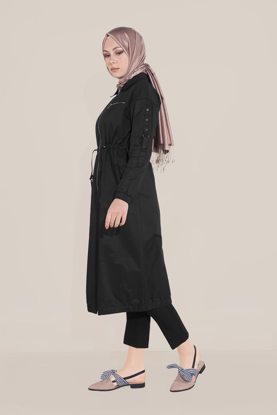 Tesettür giyim SİYAH ALVİNA BELİ BAĞCIKLI FERMUARLI TRENÇKOT 10191