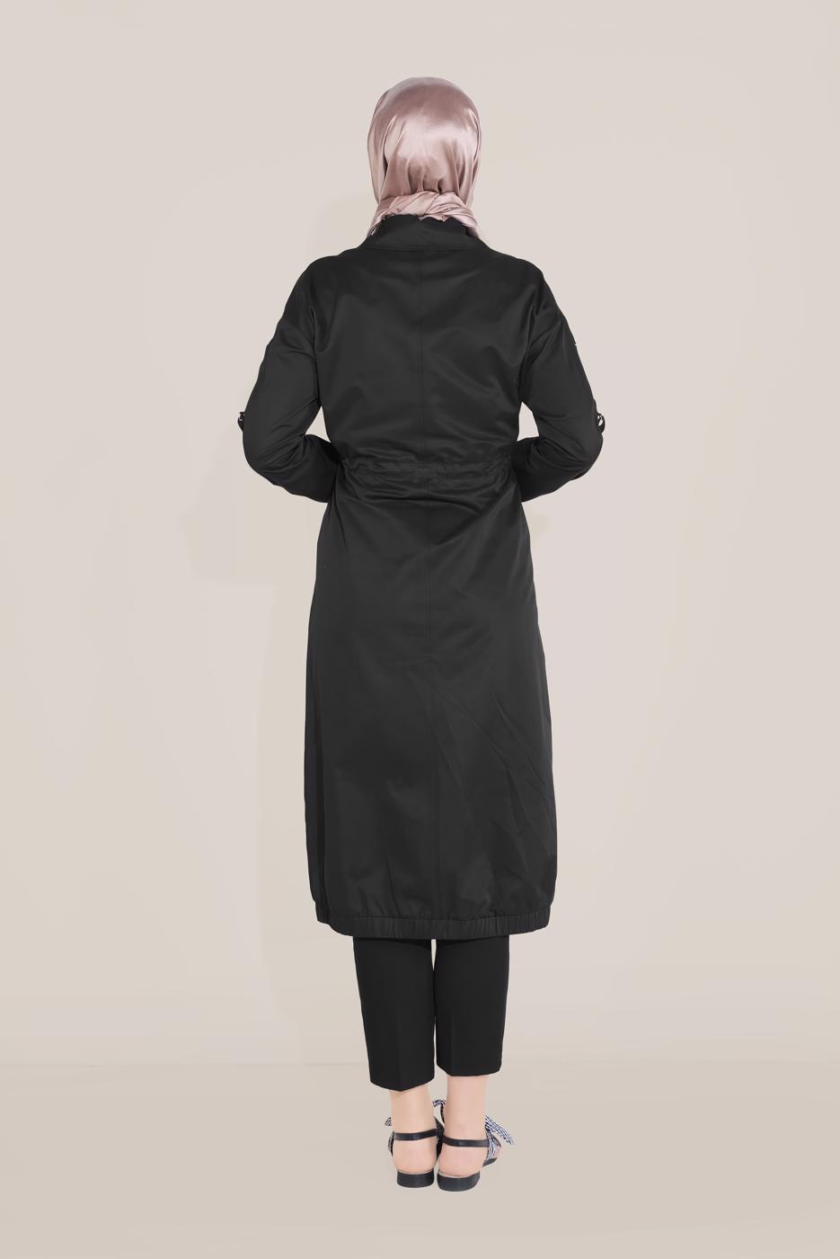 Tesettür giyim SİYAH ALVİNA BELİ BAĞCIKLI FERMUARLI TRENÇKOT 10191