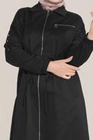 Tesettür giyim SİYAH ALVİNA BELİ BAĞCIKLI FERMUARLI TRENÇKOT 10191