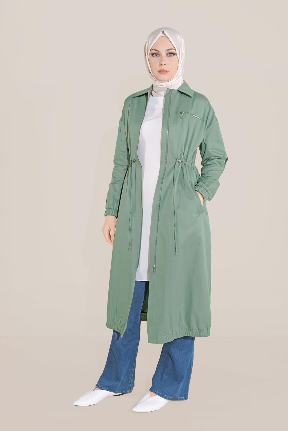 Hijab clothing GREEN TIE DETAIL ZIPPERED TRENCH COAT 10191  