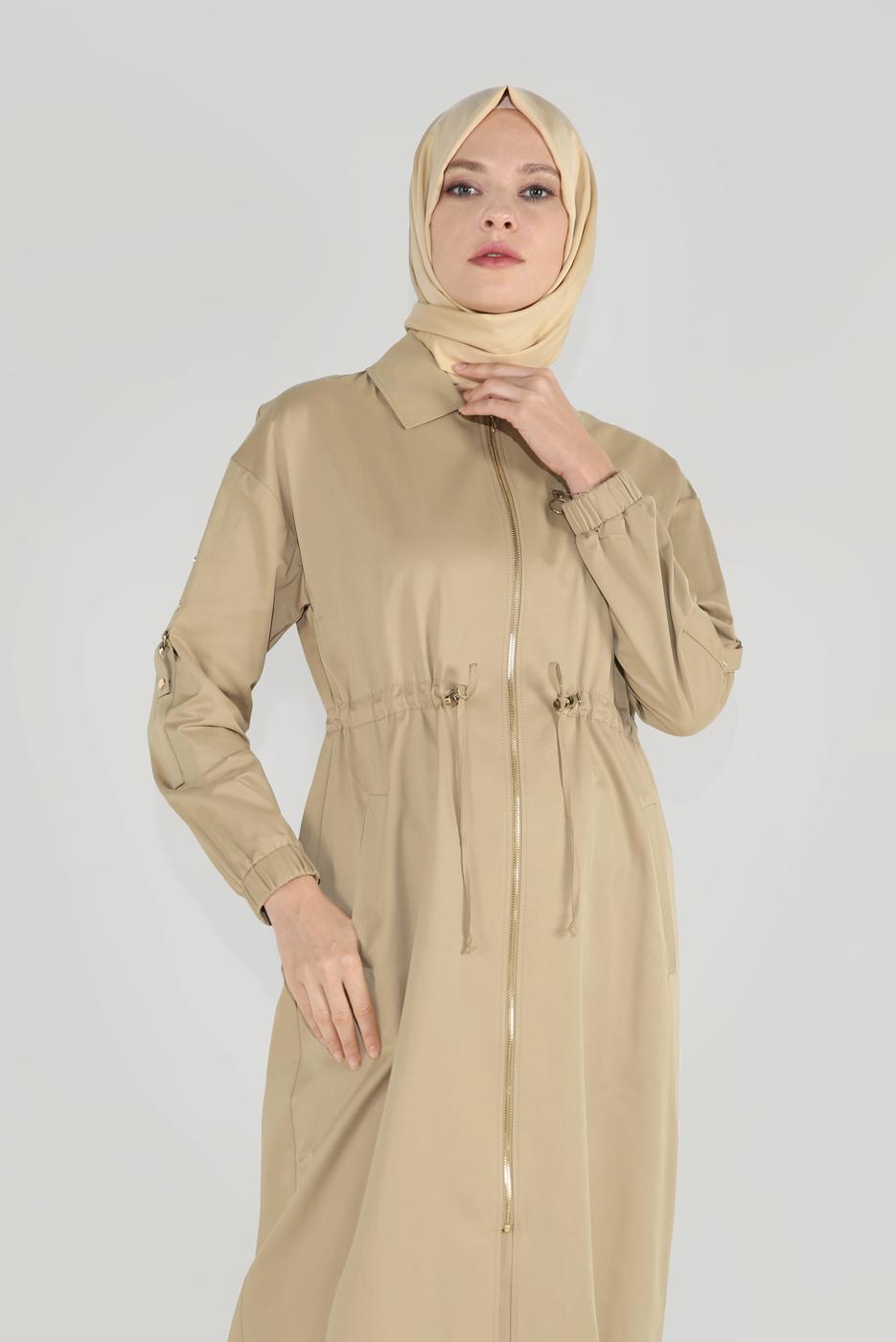 Tesettür giyim KAHVE ALVİNA BELİ BAĞCIKLI FERMUARLI TRENÇKOT 10191