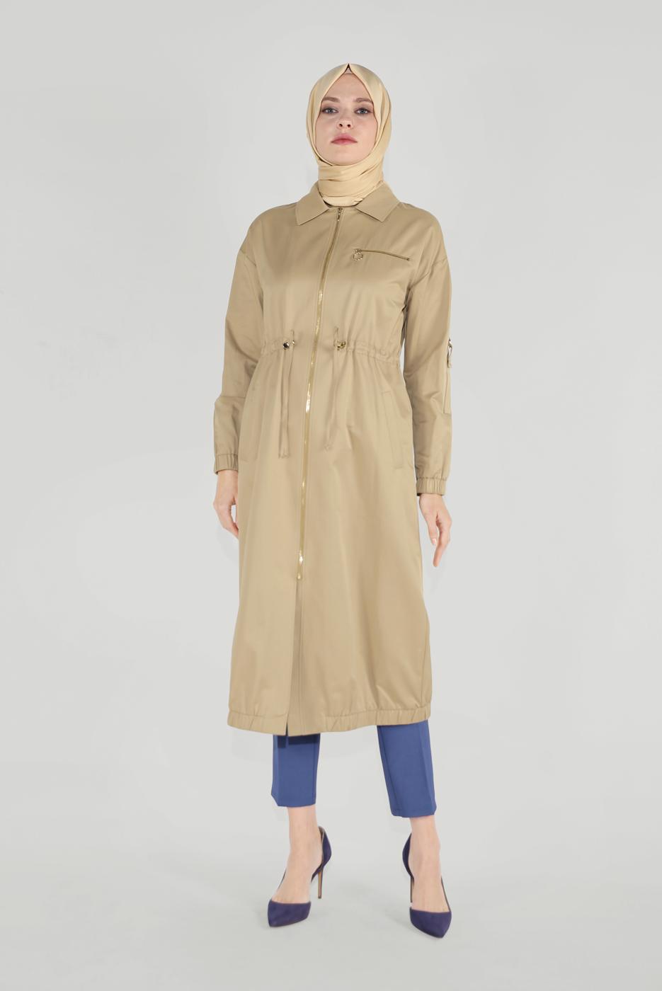 Tesettür giyim KAHVE ALVİNA BELİ BAĞCIKLI FERMUARLI TRENÇKOT 10191