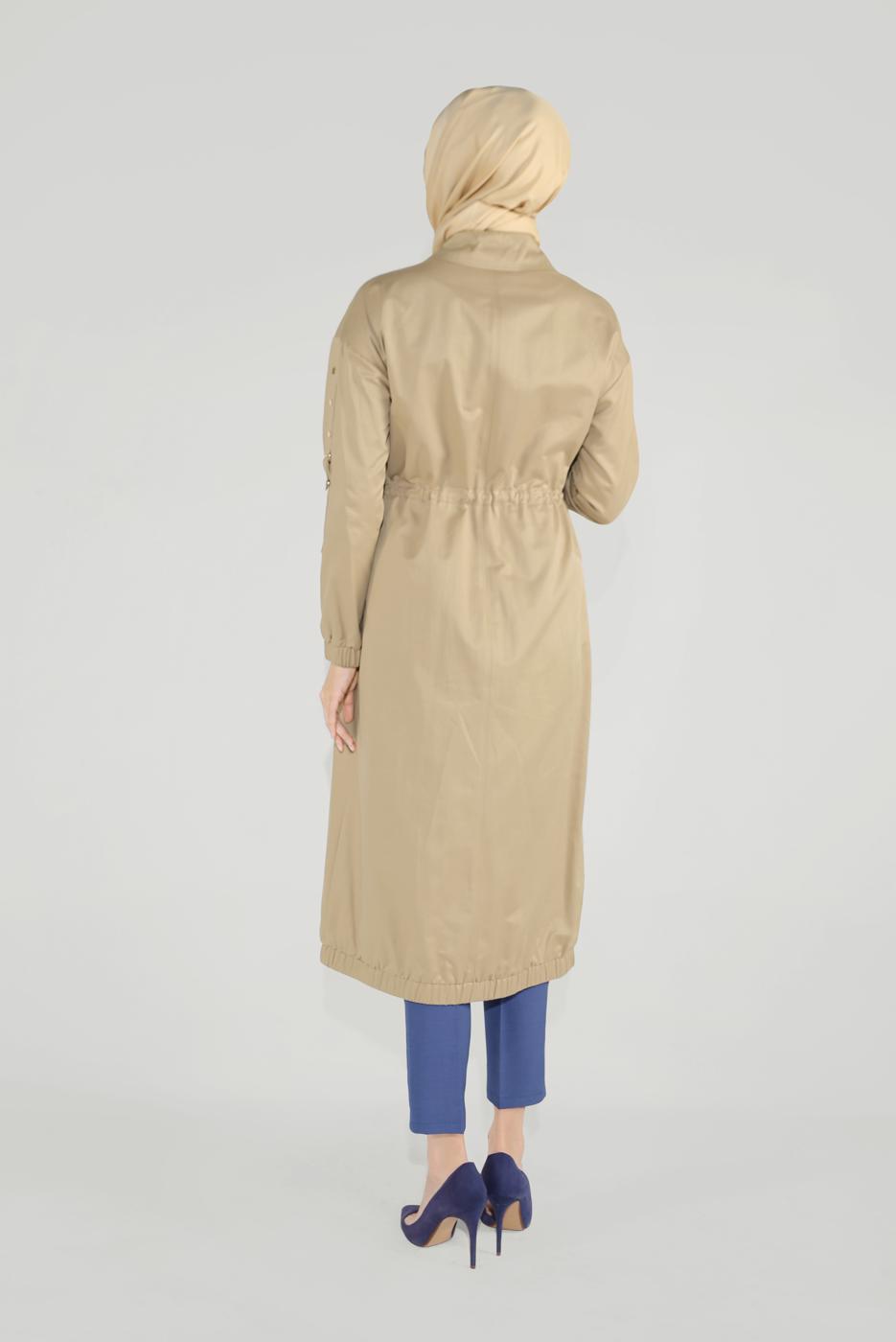 Tesettür giyim KAHVE ALVİNA BELİ BAĞCIKLI FERMUARLI TRENÇKOT 10191