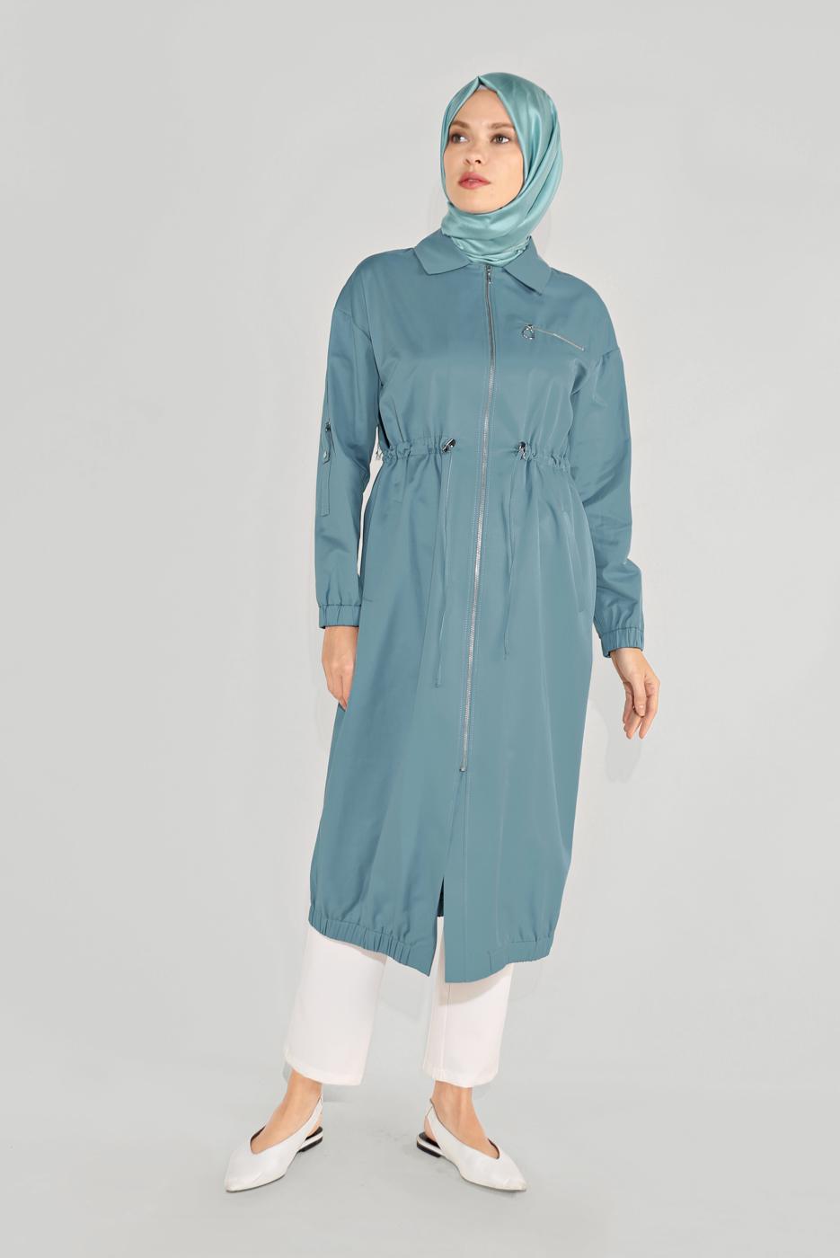 Hijab clothing BLUE TIE DETAIL ZIPPERED TRENCH COAT 10191  