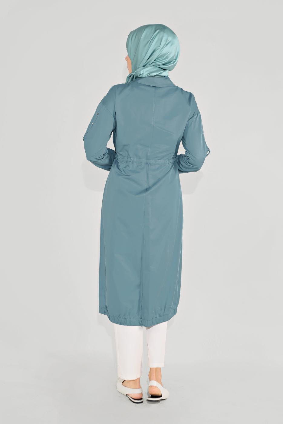 Hijab clothing BLUE TIE DETAIL ZIPPERED TRENCH COAT 10191  
