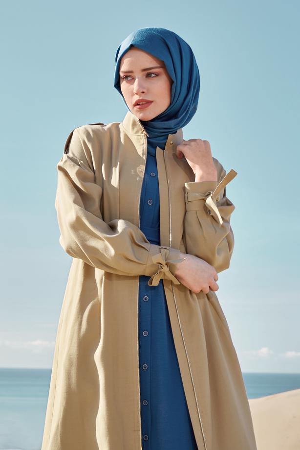 Vêtements hijab BRUN TRENCH-COAT À FERMETURE ÉCLAIR CEINTURE 10192 - TRENDTESETTÜR