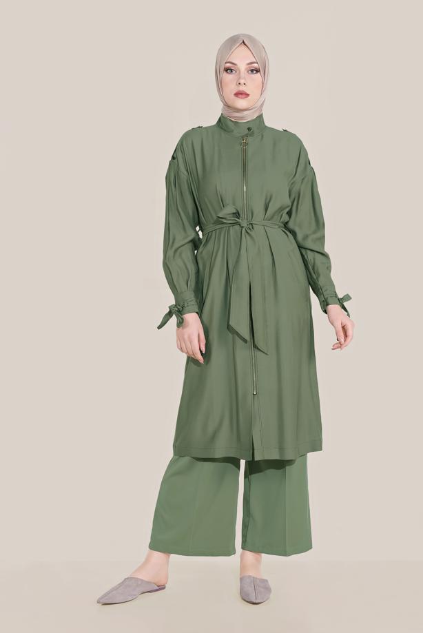 Vêtements hijab KAKI TRENCH-COAT À FERMETURE ÉCLAIR CEINTURE 10192 - TRENDTESETTÜR
