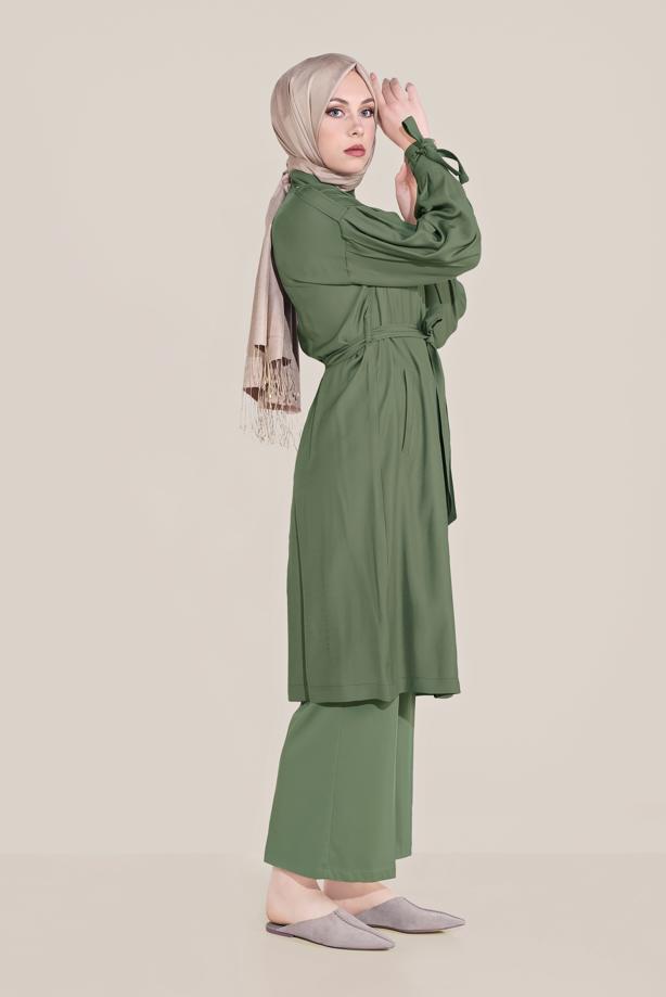 Vêtements hijab KAKI TRENCH-COAT À FERMETURE ÉCLAIR CEINTURE 10192 - TRENDTESETTÜR