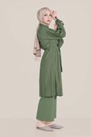 Hijab clothing KHAKI BELTED ZIPPERED TRENCH COAT 10192 