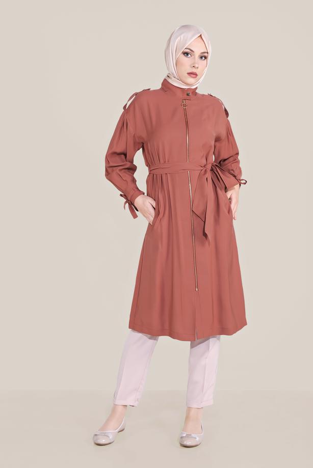 Vêtements hijab BRUN TRENCH-COAT À FERMETURE ÉCLAIR CEINTURE 10192 - TRENDTESETTÜR