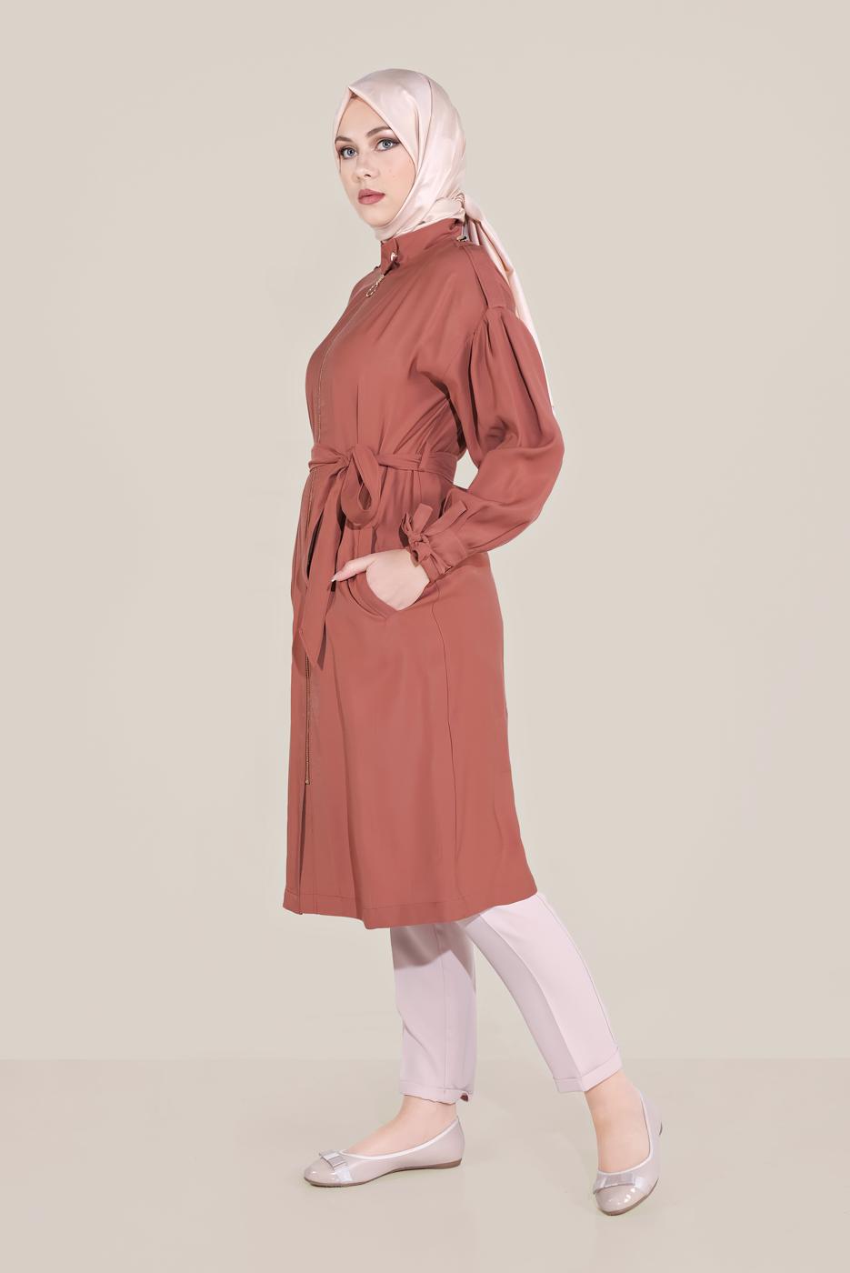 Hijab clothing BROWN BELTED ZIPPERED TRENCH COAT 10192 
