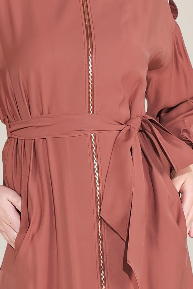Vêtements hijab BRUN TRENCH-COAT À FERMETURE ÉCLAIR CEINTURE 10192 - TRENDTESETTÜR