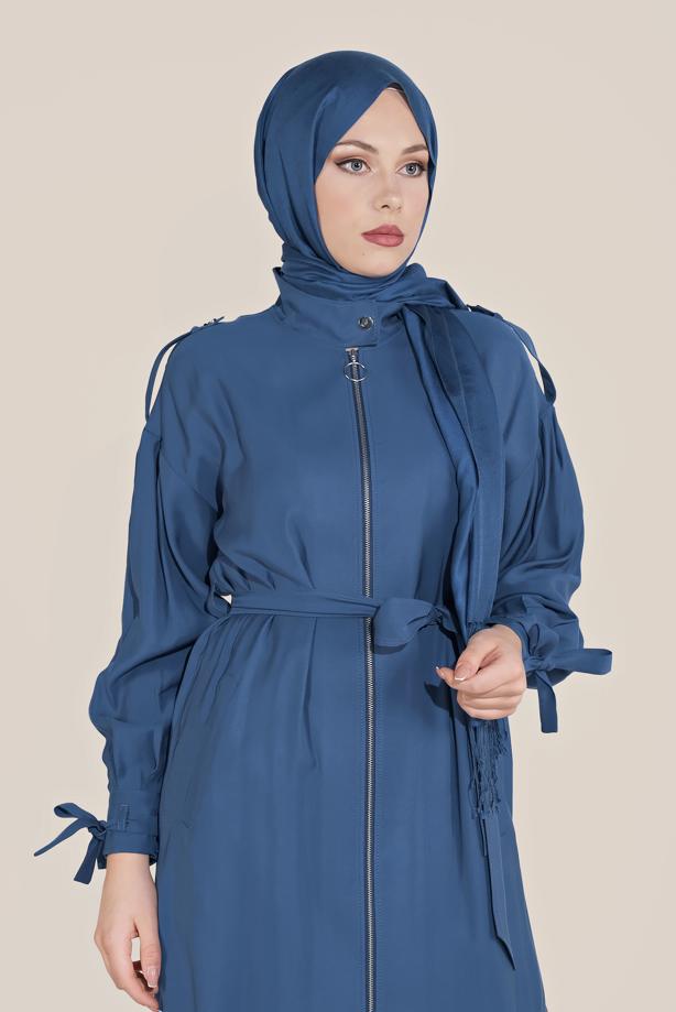 Vêtements hijab BLEU MARINE TRENCH-COAT À FERMETURE ÉCLAIR CEINTURE 10192 - TRENDTESETTÜR