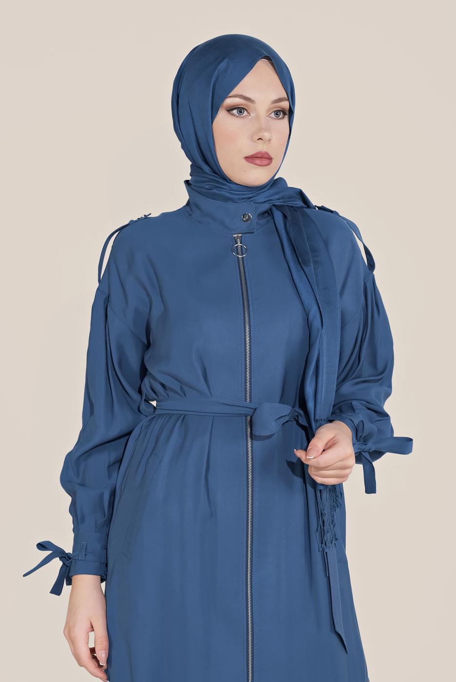 Tesettür giyim LACİVERT ALVİNA KUŞAKLI FERMUARLI TRENÇKOT 10192