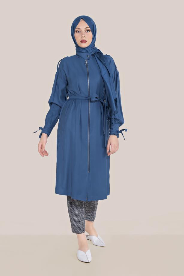 Vêtements hijab BLEU MARINE TRENCH-COAT À FERMETURE ÉCLAIR CEINTURE 10192 - TRENDTESETTÜR