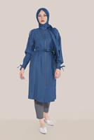 Tesettür giyim LACİVERT ALVİNA KUŞAKLI FERMUARLI TRENÇKOT 10192