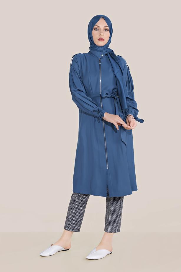 Vêtements hijab BLEU MARINE TRENCH-COAT À FERMETURE ÉCLAIR CEINTURE 10192 - TRENDTESETTÜR