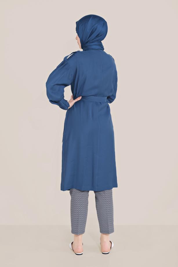 Vêtements hijab BLEU MARINE TRENCH-COAT À FERMETURE ÉCLAIR CEINTURE 10192 - TRENDTESETTÜR