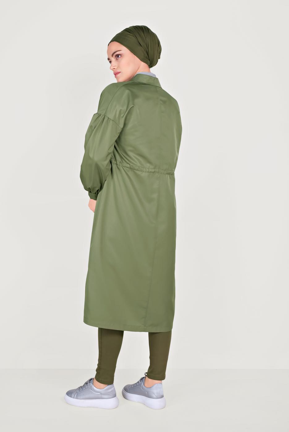 Hijab clothing KHAKI MANDARIN COLLAR BALLOON SLEEVE TRENCH COAT WITH SNAPS 10193  