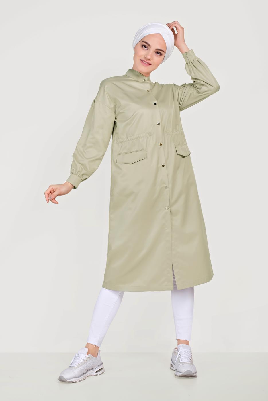 Hijab clothing BEIGE MANDARIN COLLAR BALLOON SLEEVE TRENCH COAT WITH SNAPS 10193  