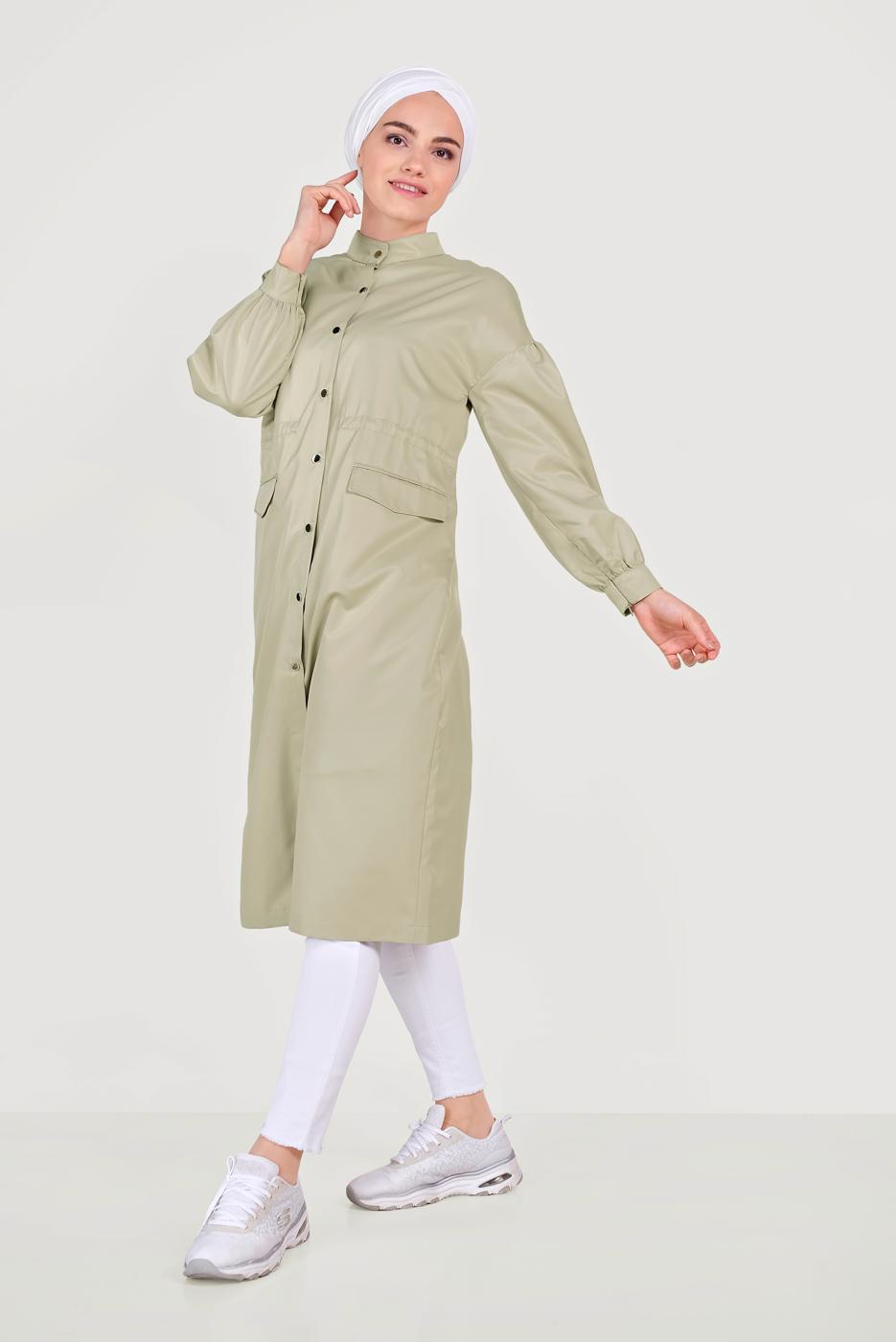 Hijab clothing BEIGE MANDARIN COLLAR BALLOON SLEEVE TRENCH COAT WITH SNAPS 10193  