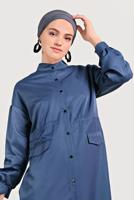 Hijab clothing NAVY BLUE MANDARIN COLLAR BALLOON SLEEVE TRENCH COAT WITH SNAPS 10193  