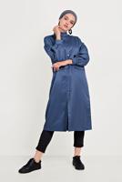 Hijab clothing NAVY BLUE MANDARIN COLLAR BALLOON SLEEVE TRENCH COAT WITH SNAPS 10193  