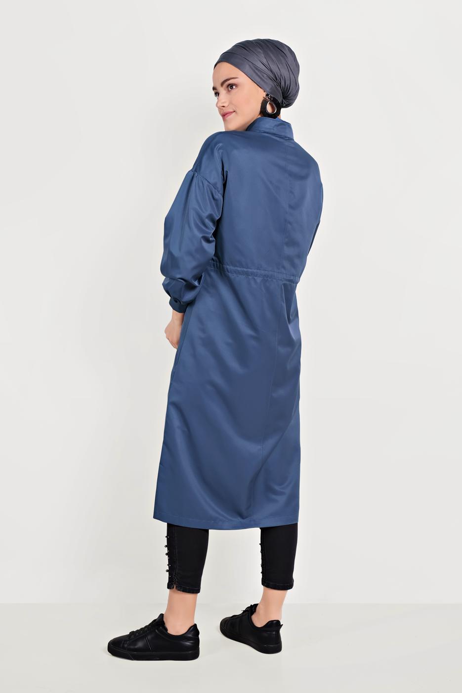 Hijab clothing NAVY BLUE MANDARIN COLLAR BALLOON SLEEVE TRENCH COAT WITH SNAPS 10193  