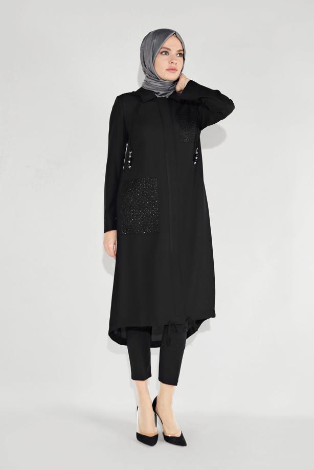 Vêtements hijab NOIR TRENCH À CAPUCHE BRODÉ 10194 - TRENDTESETTÜR