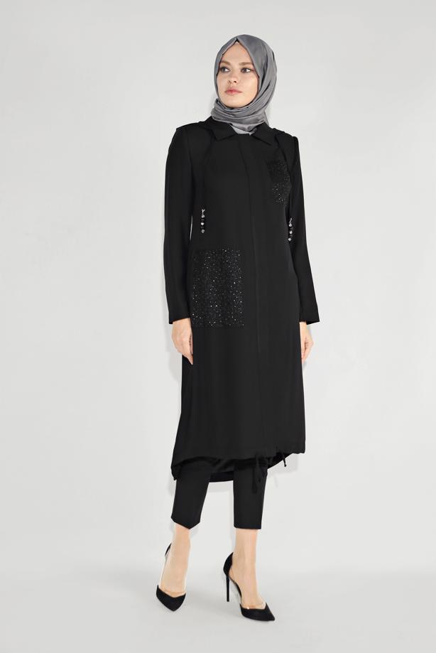 Vêtements hijab NOIR TRENCH À CAPUCHE BRODÉ 10194 - TRENDTESETTÜR