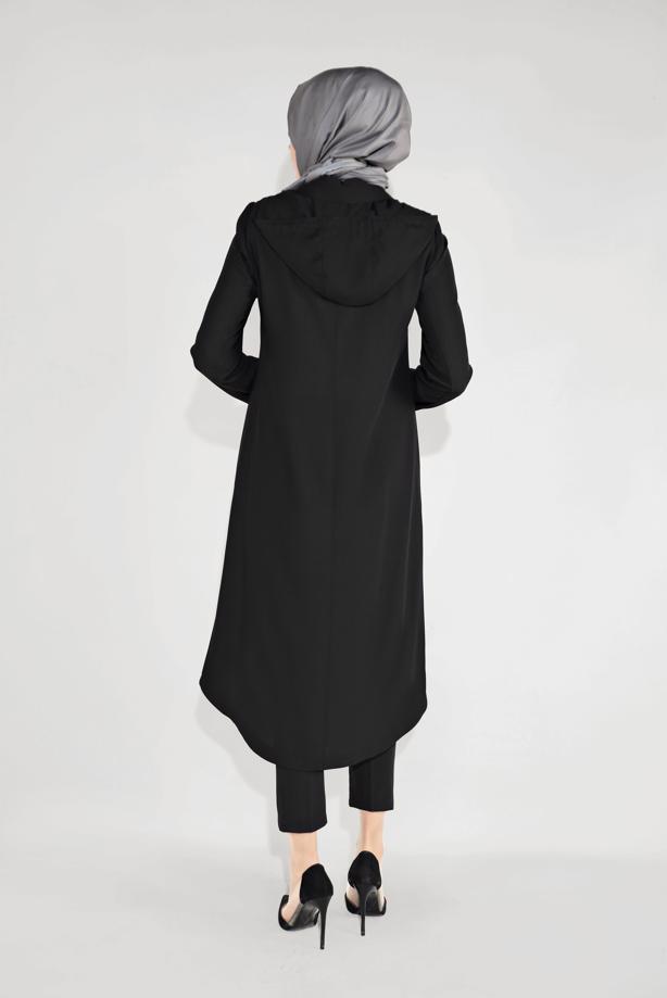 Vêtements hijab NOIR TRENCH À CAPUCHE BRODÉ 10194 - TRENDTESETTÜR