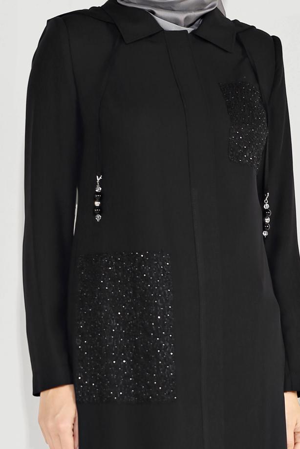 Vêtements hijab NOIR TRENCH À CAPUCHE BRODÉ 10194 - TRENDTESETTÜR