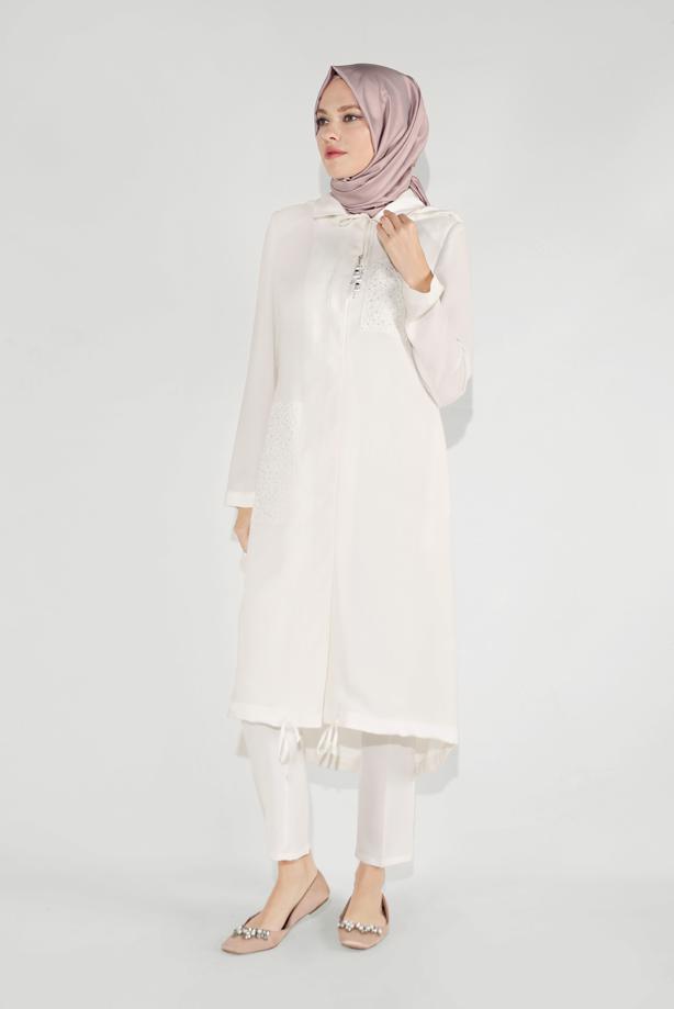 Vêtements hijab CRÈME TRENCH À CAPUCHE BRODÉ 10194 - TRENDTESETTÜR