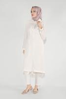 Hijab clothing CREAM EMBROIDERED HOODED TRENCH COAT 10194  