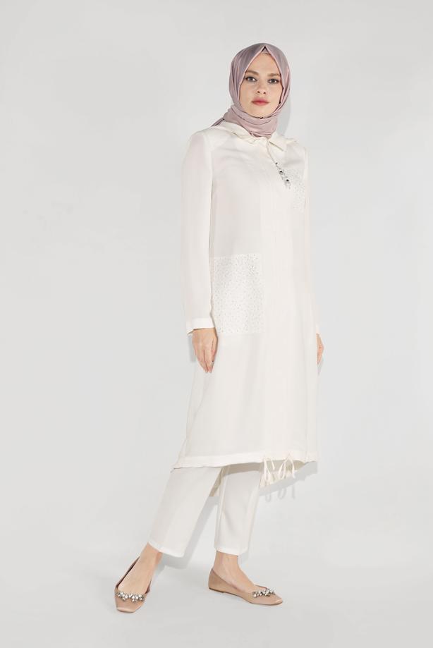 Vêtements hijab CRÈME TRENCH À CAPUCHE BRODÉ 10194 - TRENDTESETTÜR