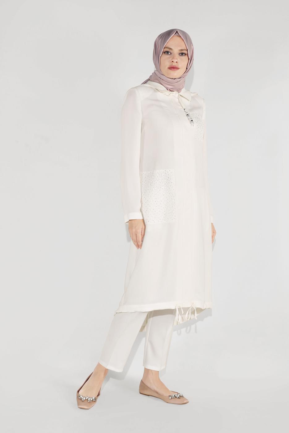 Hijab clothing CREAM EMBROIDERED HOODED TRENCH COAT 10194  