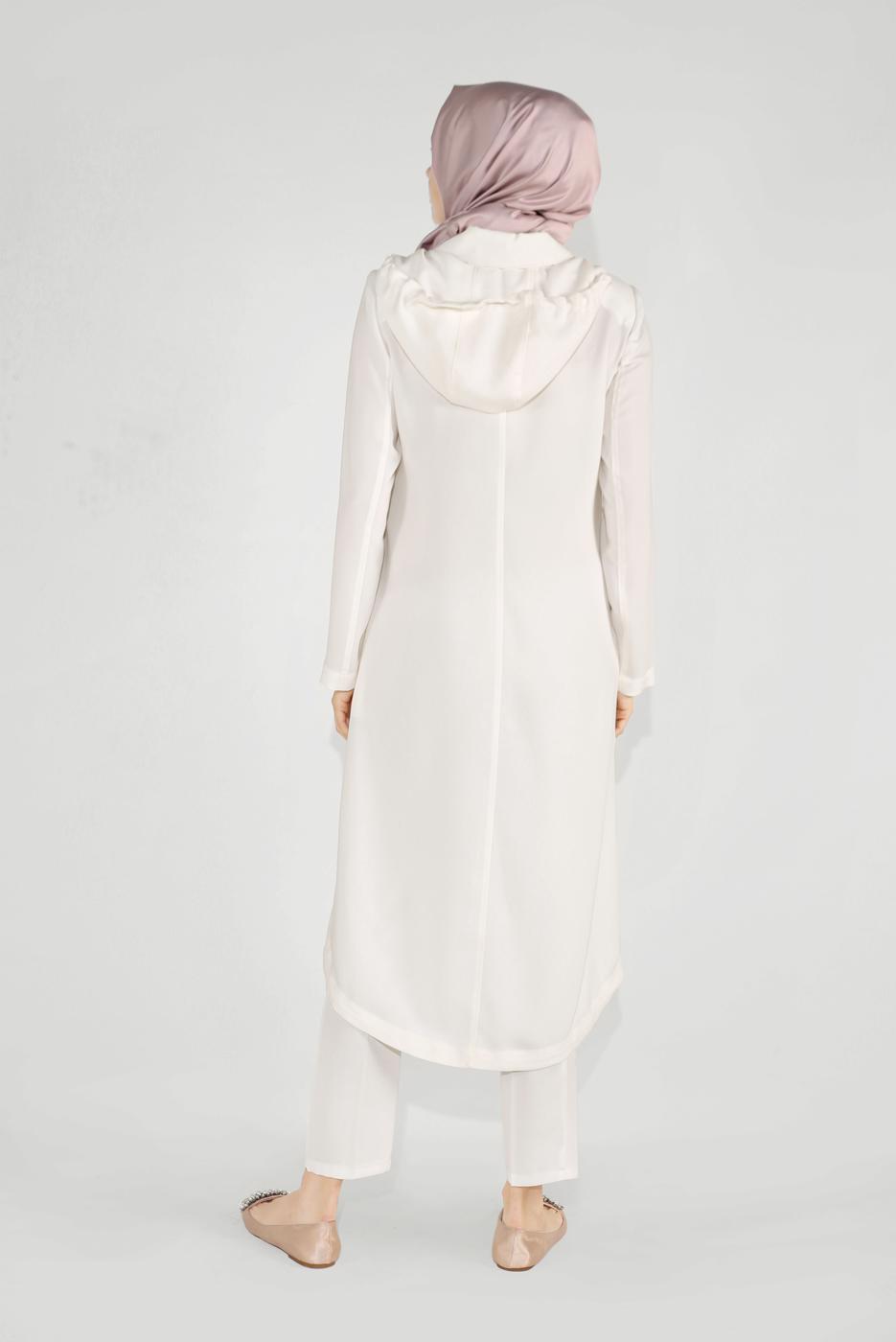 Hijab clothing CREAM EMBROIDERED HOODED TRENCH COAT 10194  